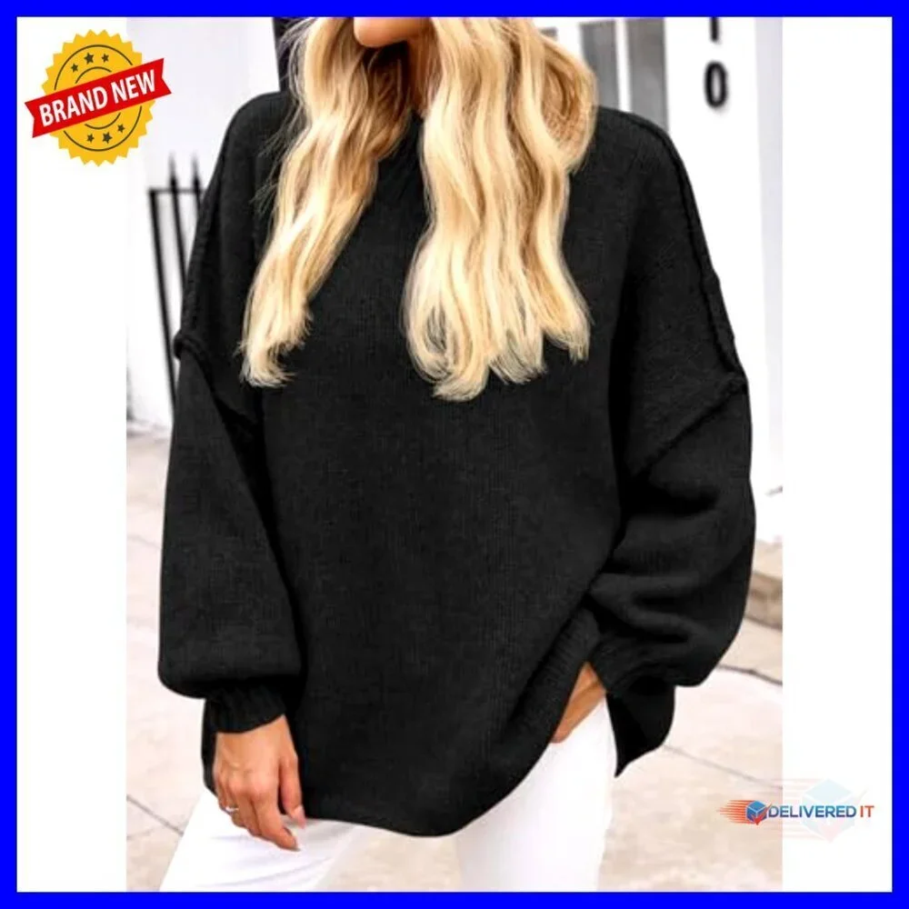 Oversized Mock Neck Batwing Sweater Ribbed Knit Tunic Casual Chic Fall